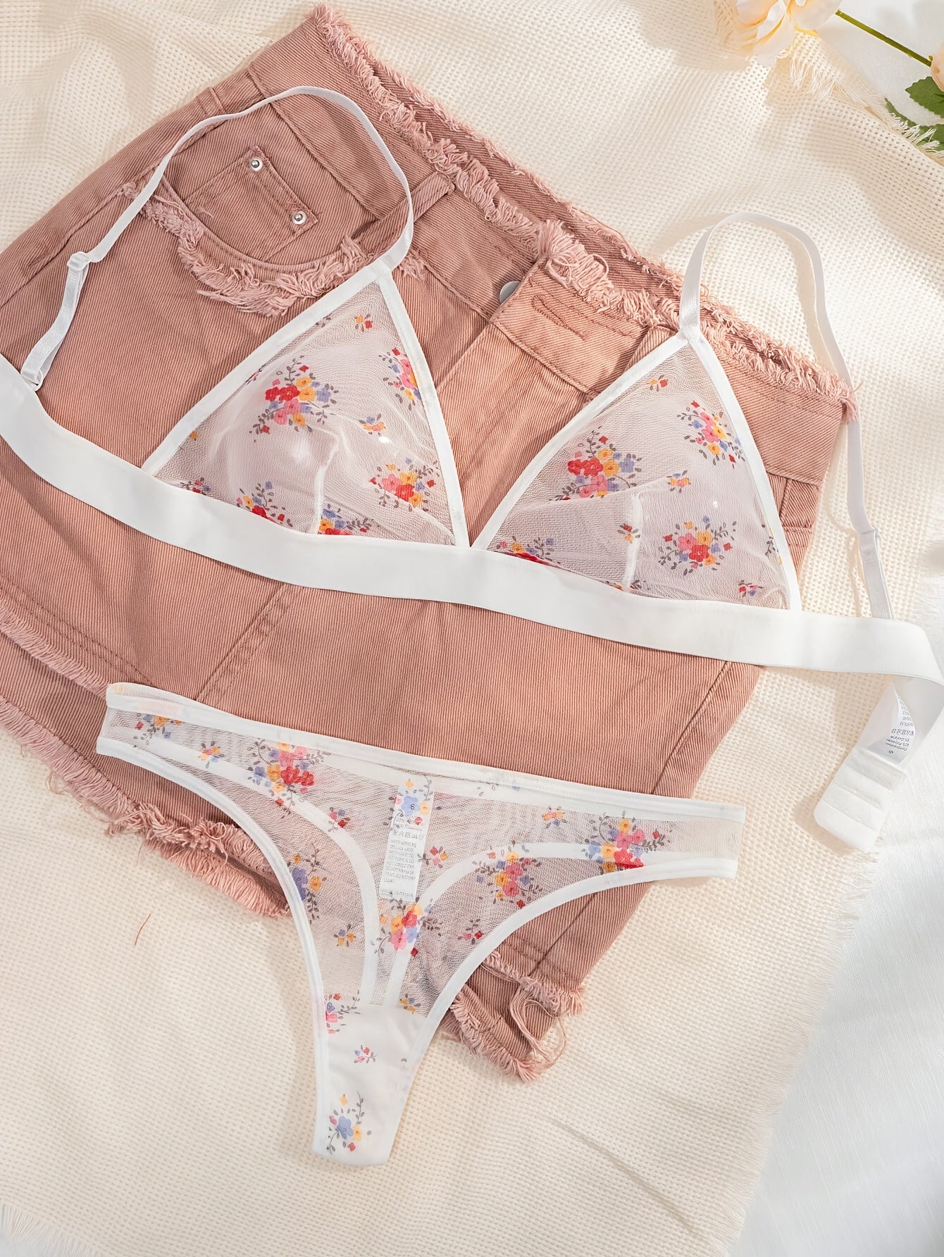 Sexy Floral Print Sheer Lingerie Set - Bra & Panty