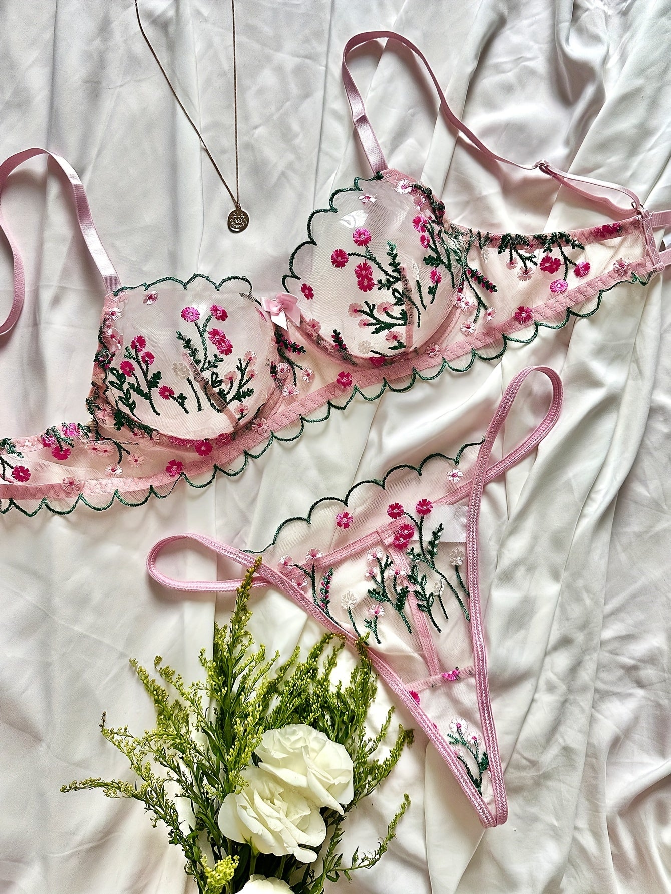 Floral Embroidery Lingerie Set - Unlined Bra & Mesh Thong