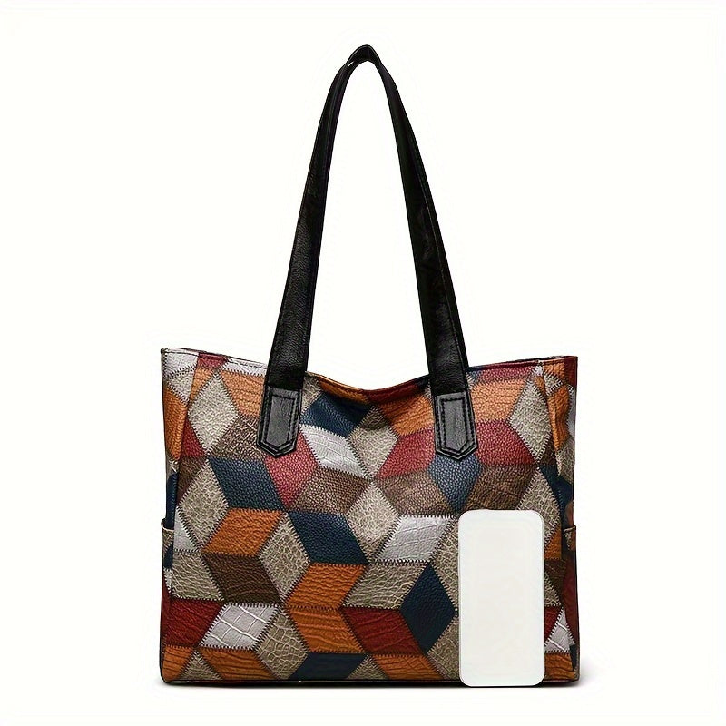 Vintage-Style Women's Tote Bag, Grid Pattern, Adjustable Strap, Zipper Closure