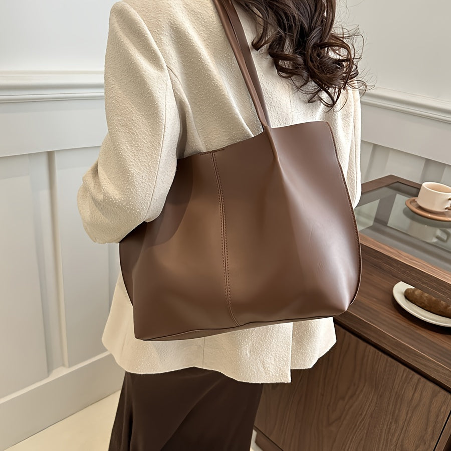 Women's Fashion Tote Bag, Large Capacity Vintage Solid Color PU Shoulder Bag