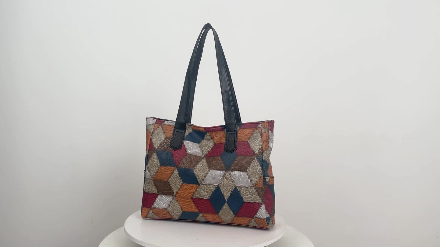 Vintage-Style Women's Tote Bag, Grid Pattern, Adjustable Strap, Zipper Closure