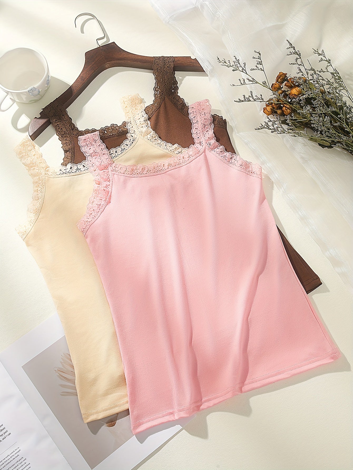 Women's Elegant Lace Trim Cami Tops - 3pcs Set