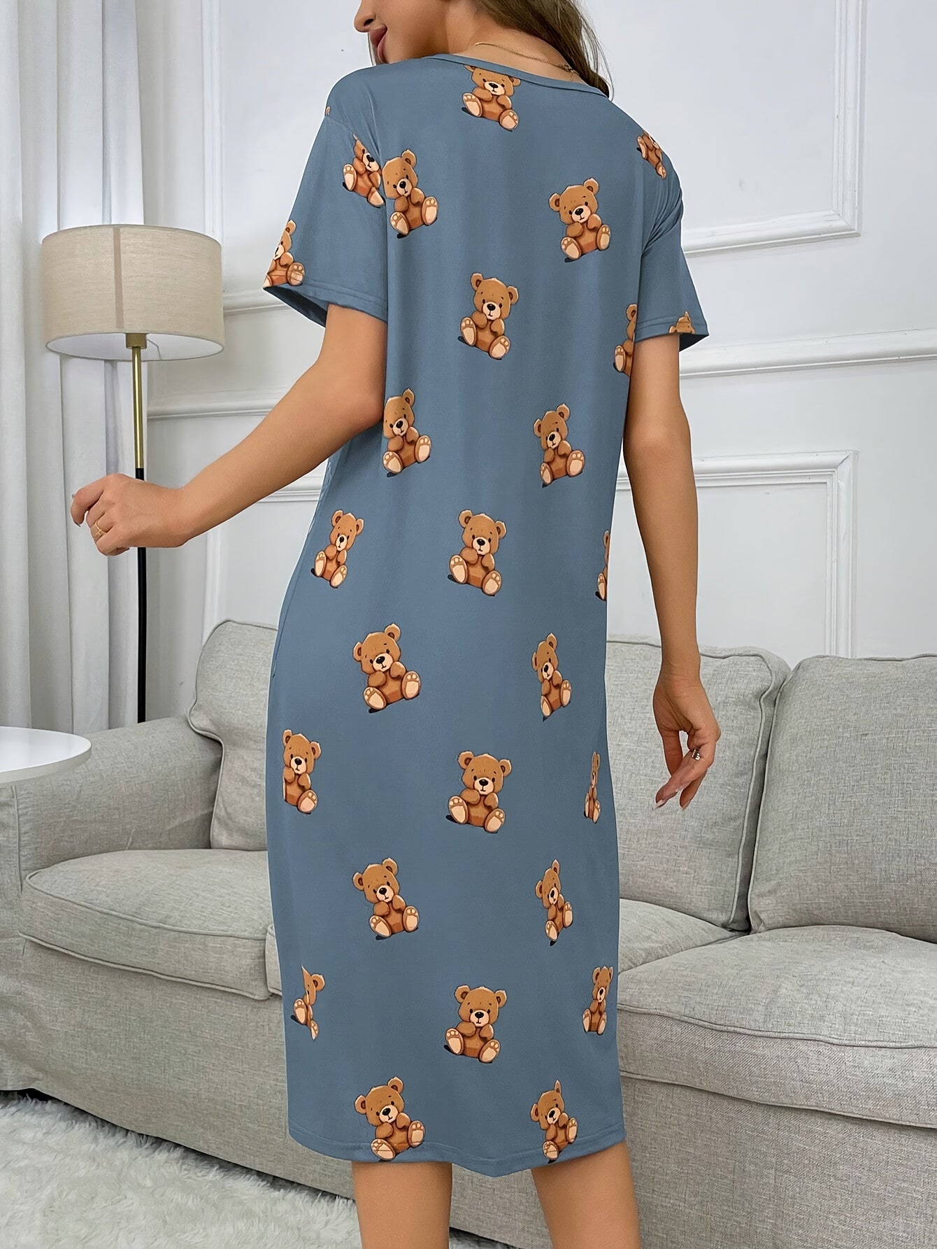 Loose Fit Bear Print Lounge Dress, Comfortable & Short Sleeve