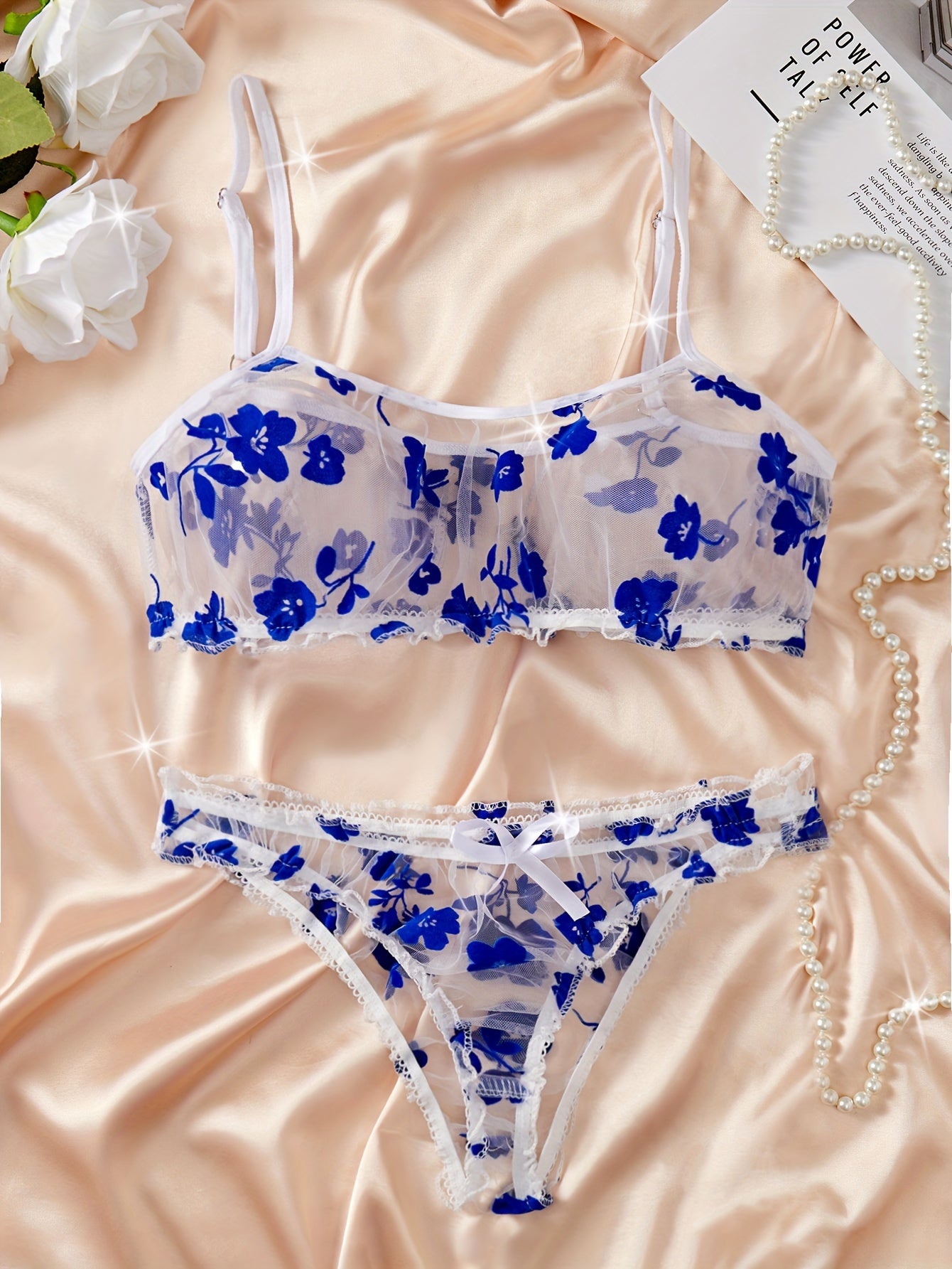 Floral Print Lingerie Set - Sheer Bra & Bow Thong