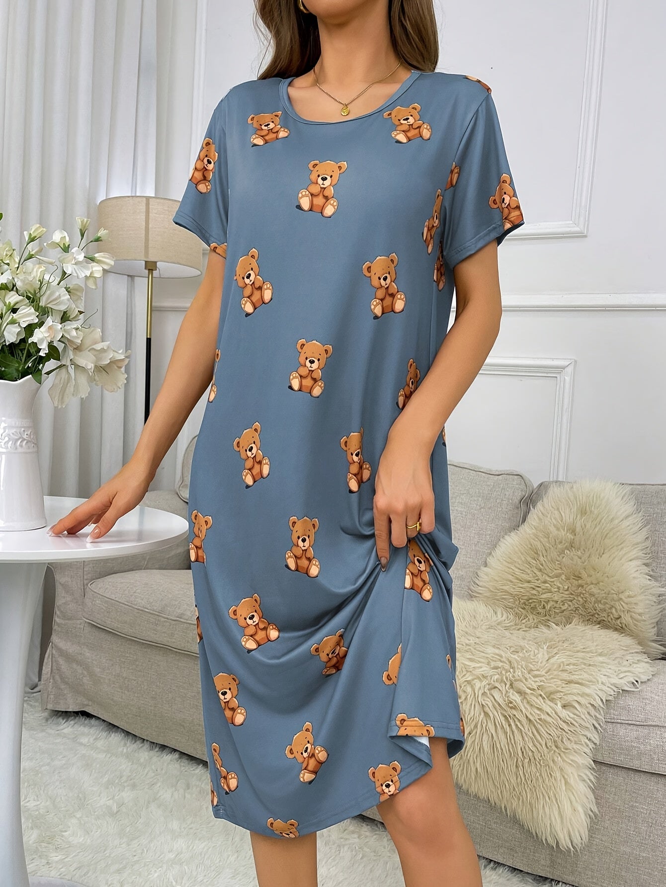 Loose Fit Bear Print Lounge Dress, Comfortable & Short Sleeve