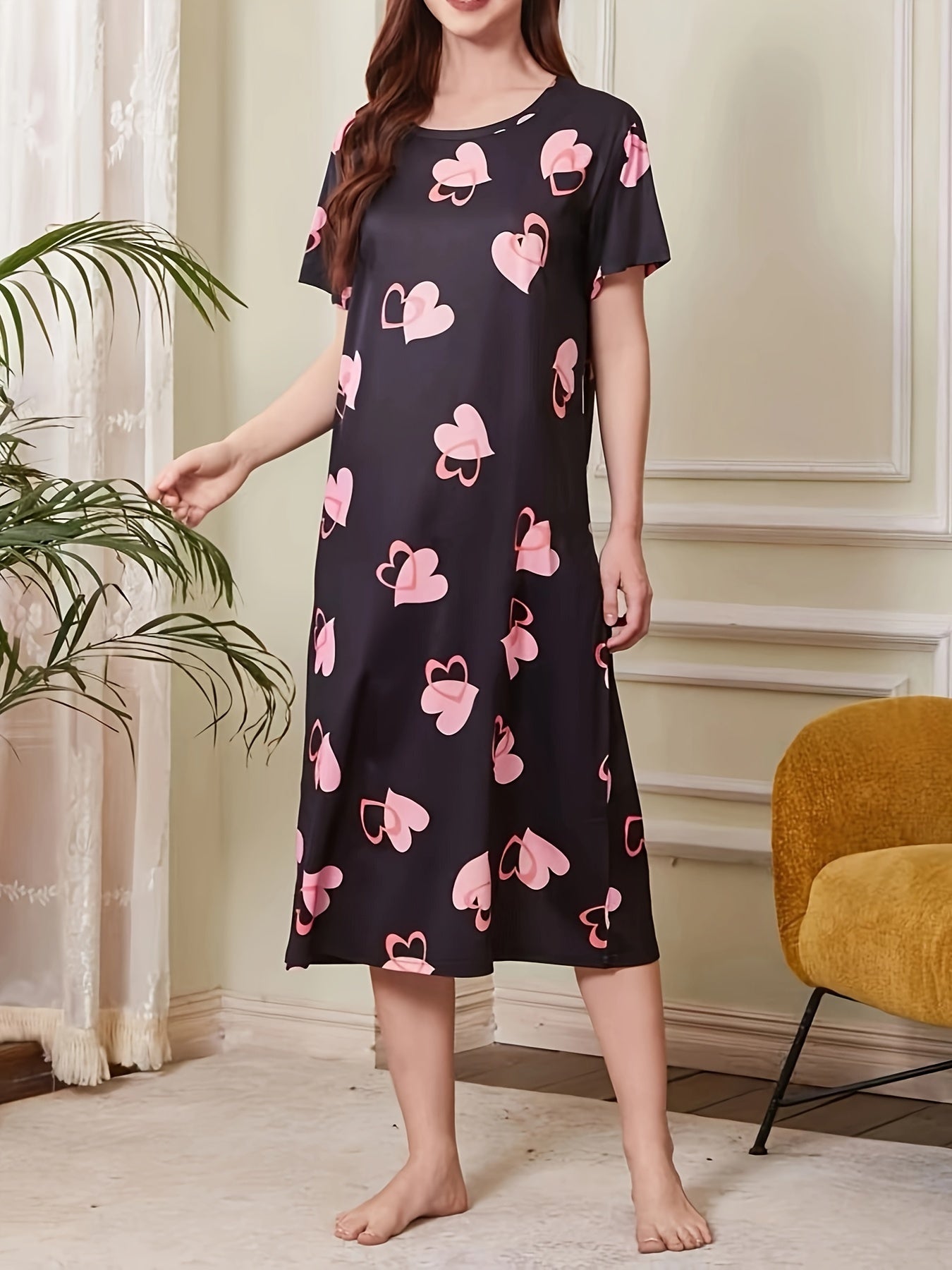 Women's Heart Print Casual Dress, Comfortable Home Wear