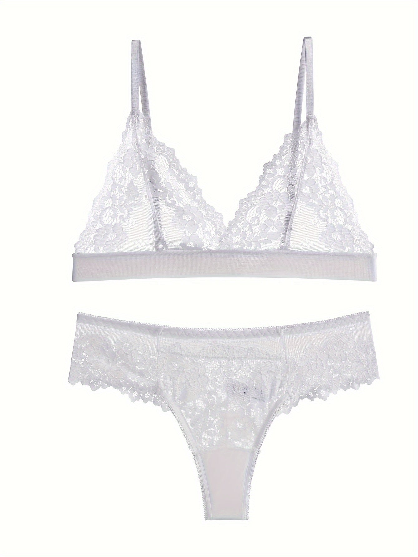 Floral Lace Lingerie Set with Plunge Bra & Elastic Panties