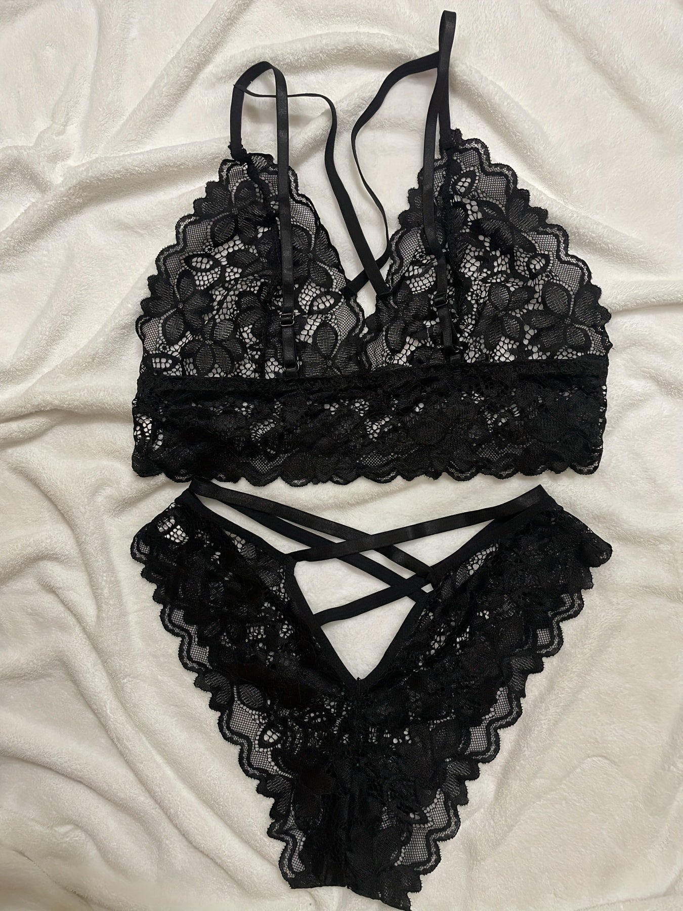 Floral Lace Lingerie Set with Criss Cross Bra & Mesh Panties