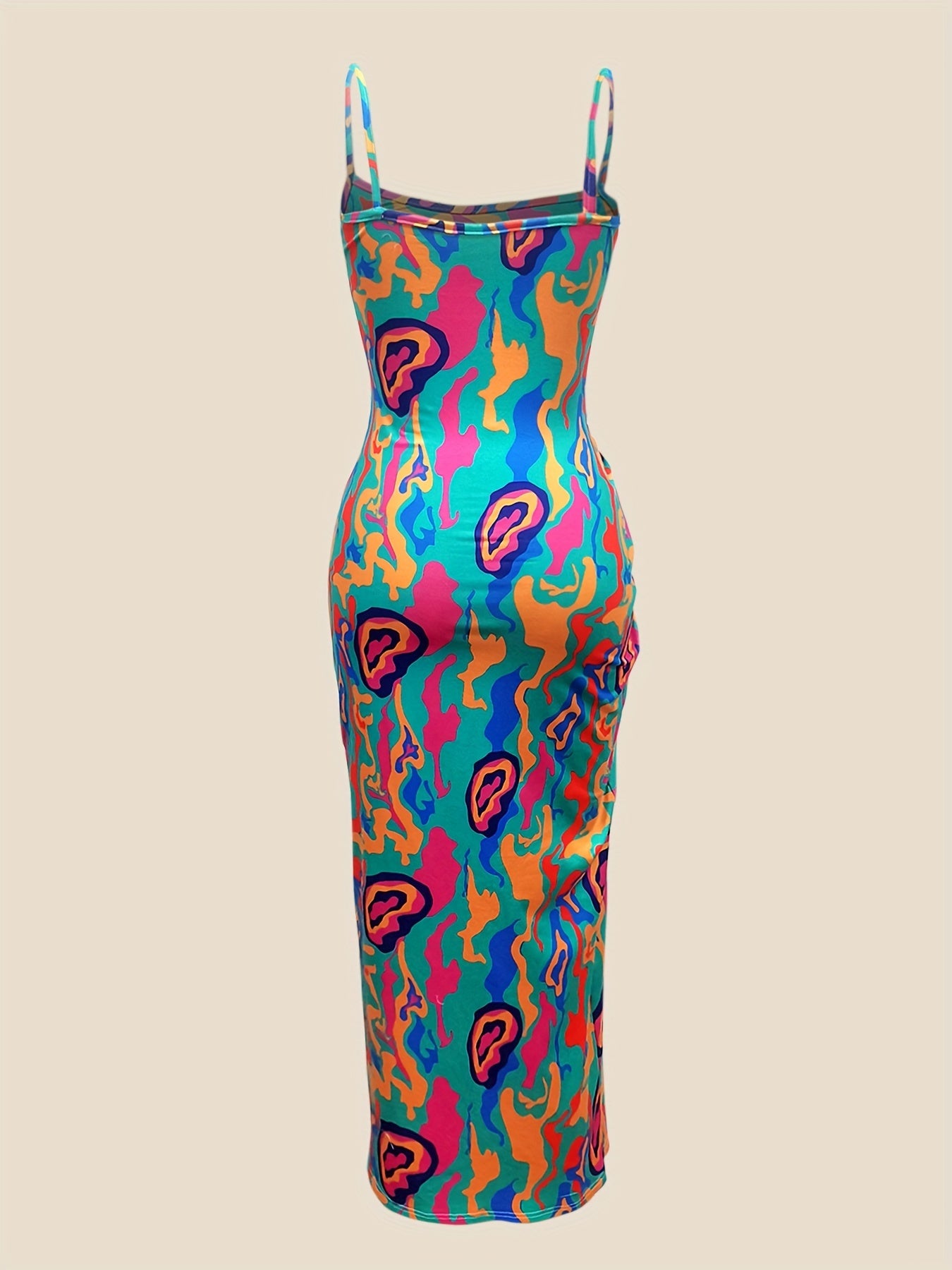 Allover Print Split Thigh Cami Dress - Spaghetti Strap Bodycon