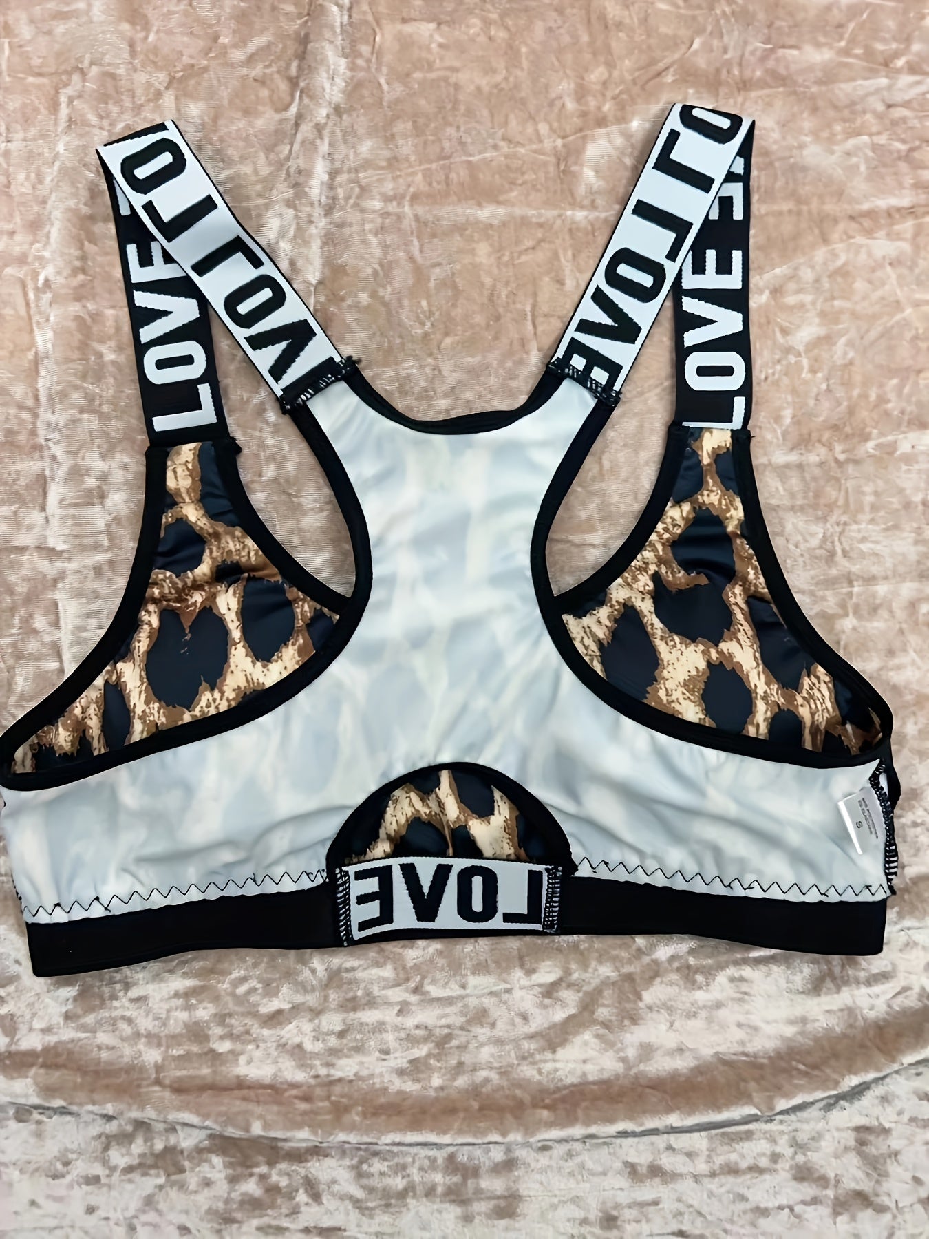 Leopard Print Sports Bra with Letter Tape & Cut-Out Design