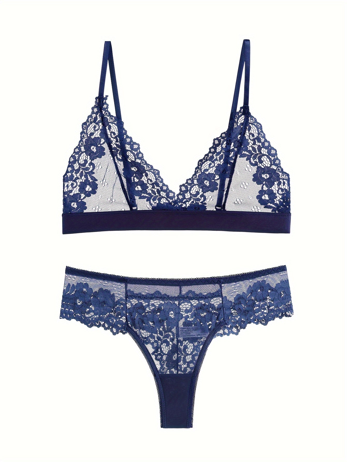 Floral Lace Lingerie Set with Plunge Bra & Elastic Panties