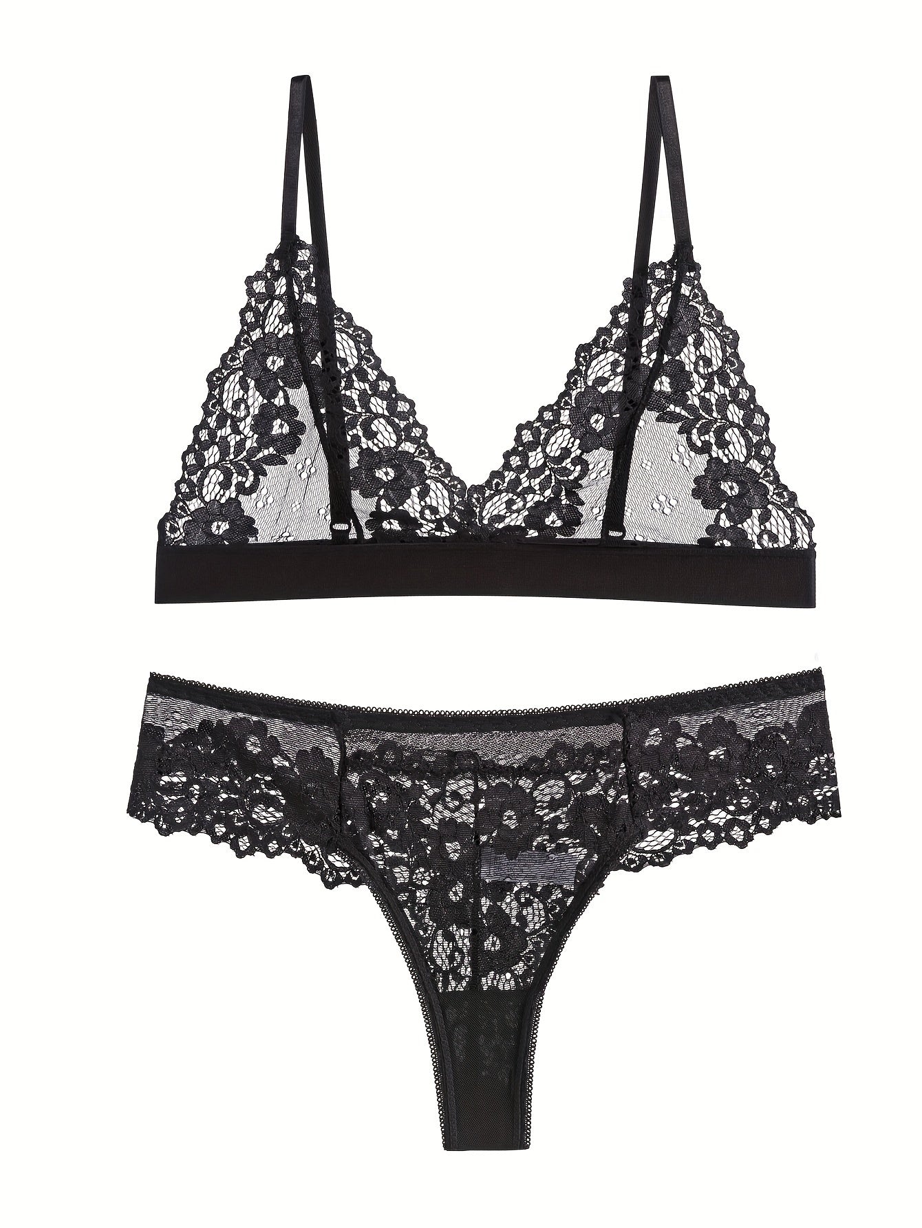 Floral Lace Lingerie Set with Plunge Bra & Elastic Panties