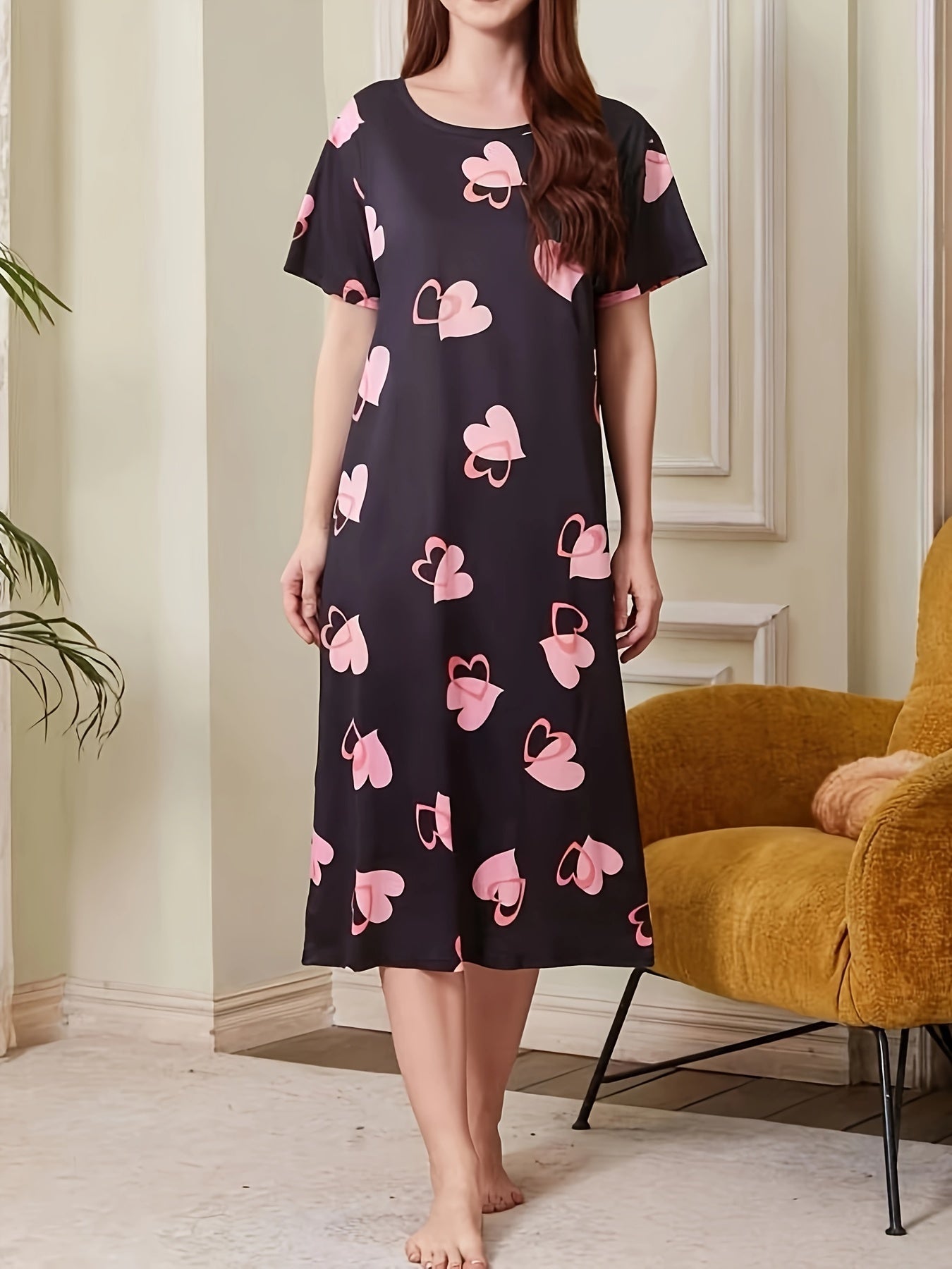 Women's Heart Print Casual Dress, Comfortable Home Wear