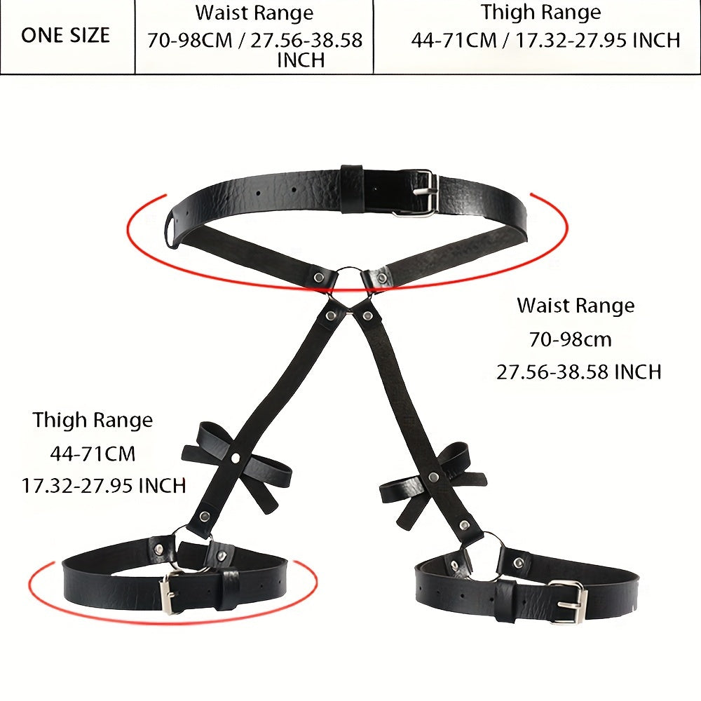 حزام فخذ قوطي بفيونكة - حزام جارتر قابل للتعديل بجلد PU، مثالي لإطلالة جريئة وجذابة