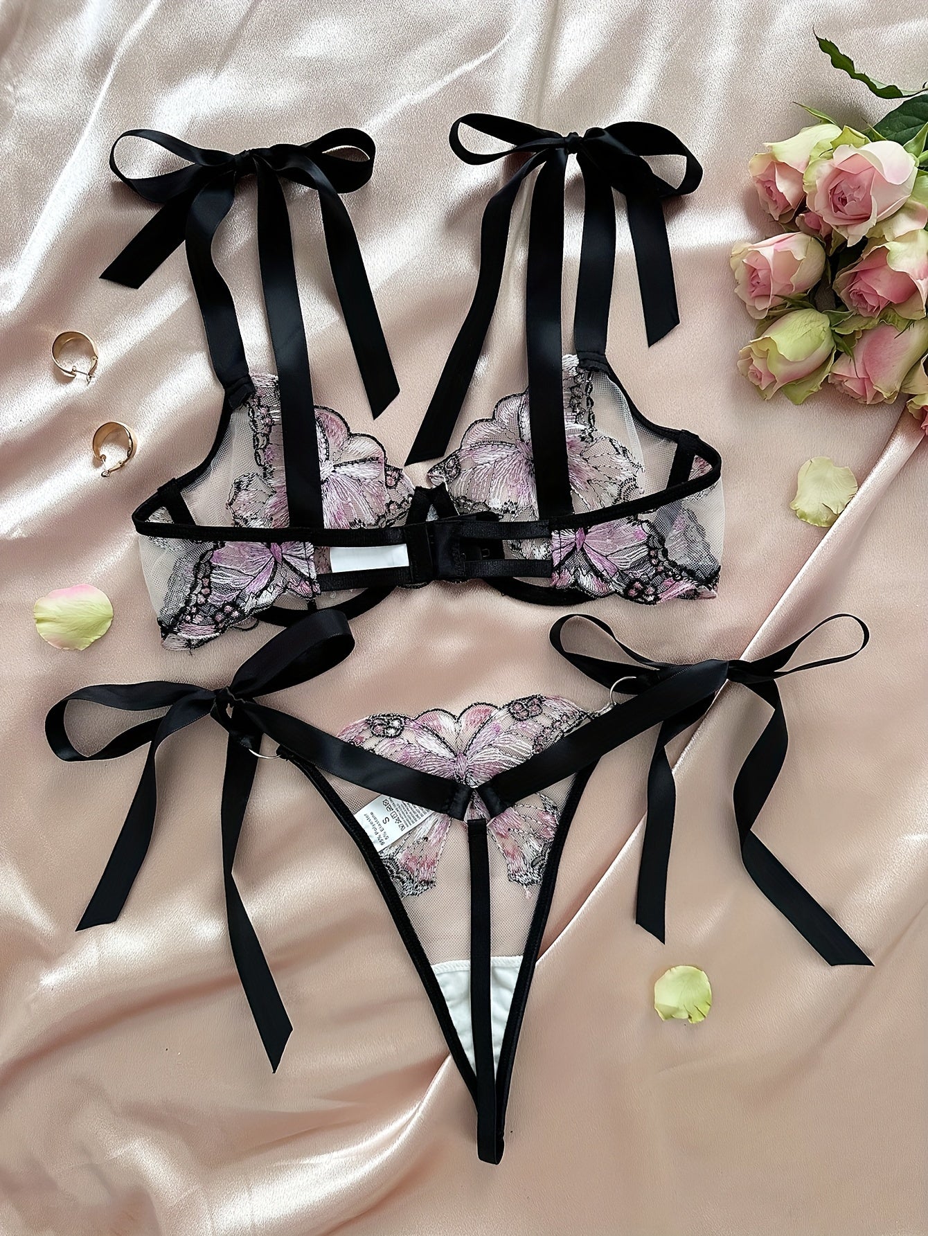 Butterfly Embroidery Lingerie Set - Mesh Bra & Strappy Thong