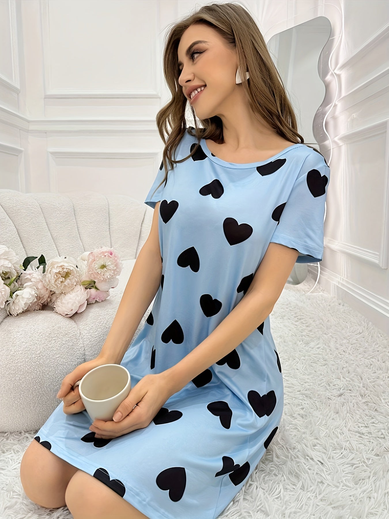 Heart Print Casual Dress, Comfortable Short Sleeve Home Wear