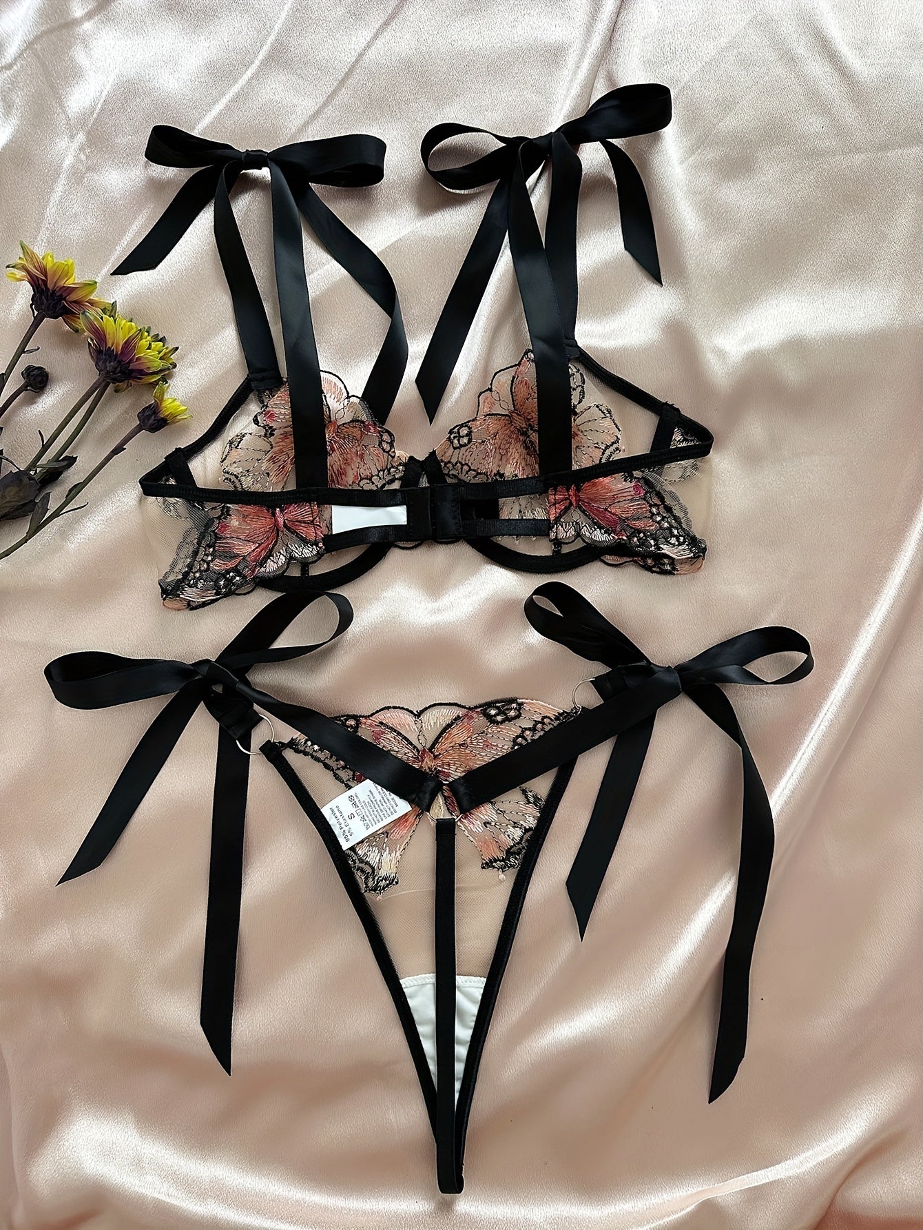 Butterfly Embroidery Lingerie Set - Mesh Bra & Strappy Thong