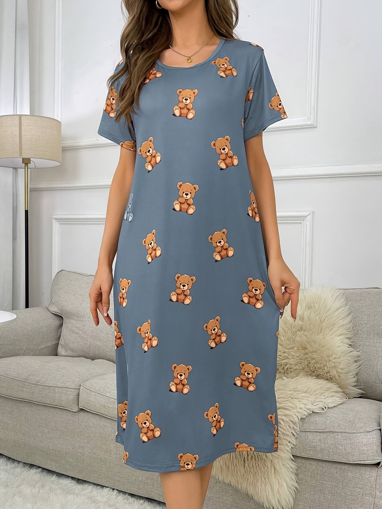 Loose Fit Bear Print Lounge Dress, Comfortable & Short Sleeve