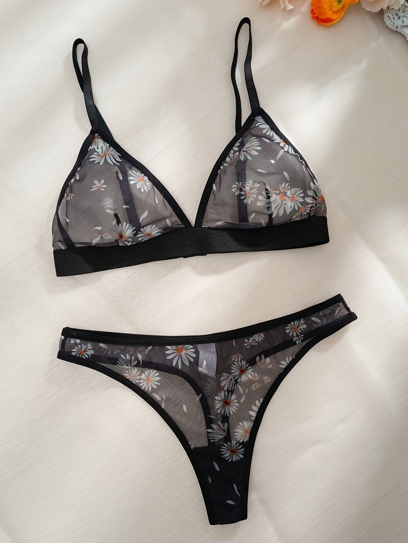 Sexy Floral Print Sheer Lingerie Set - Bra & Panty