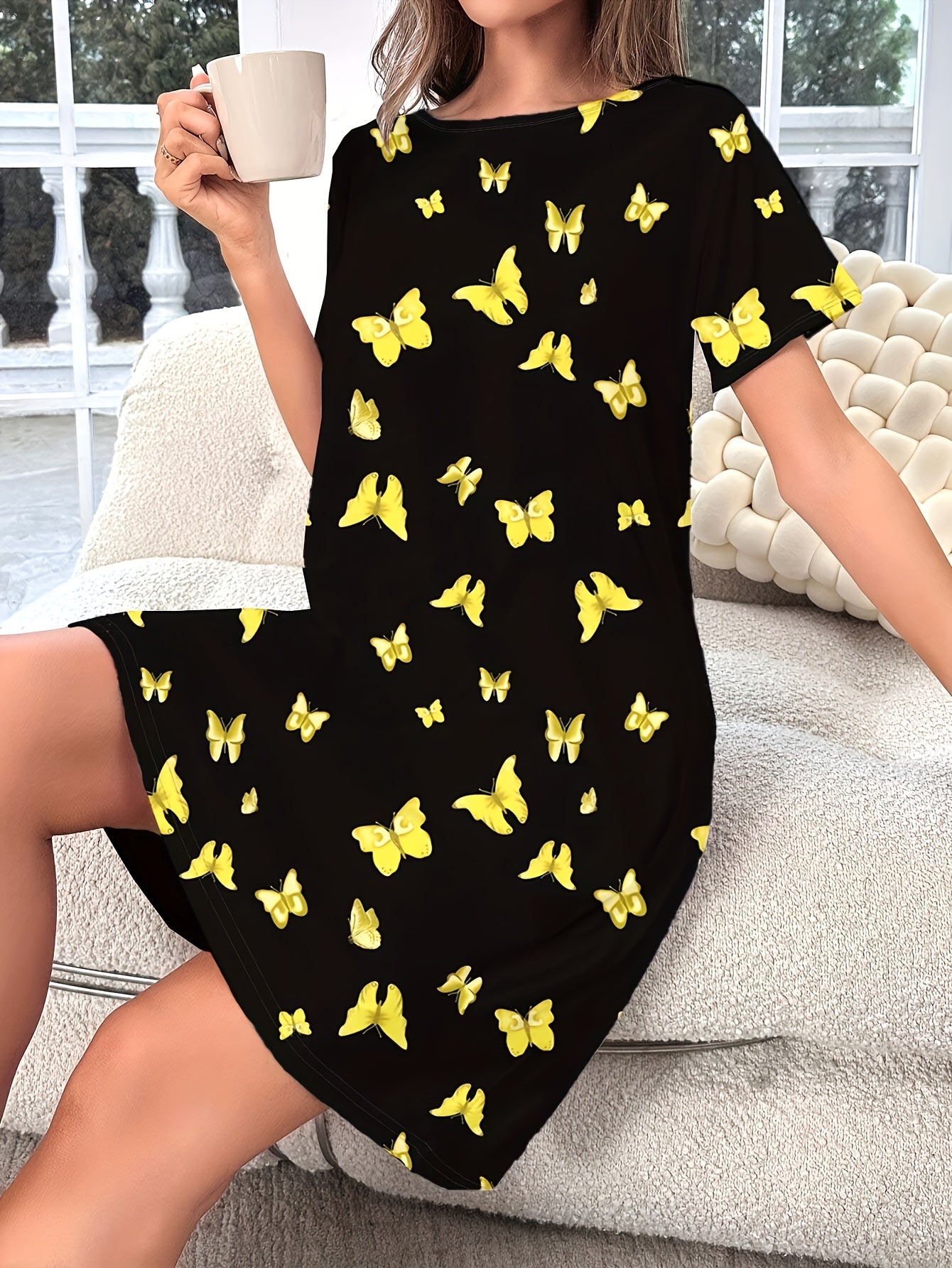 Butterfly Print Lounge Dress, Comfortable & Short Sleeve