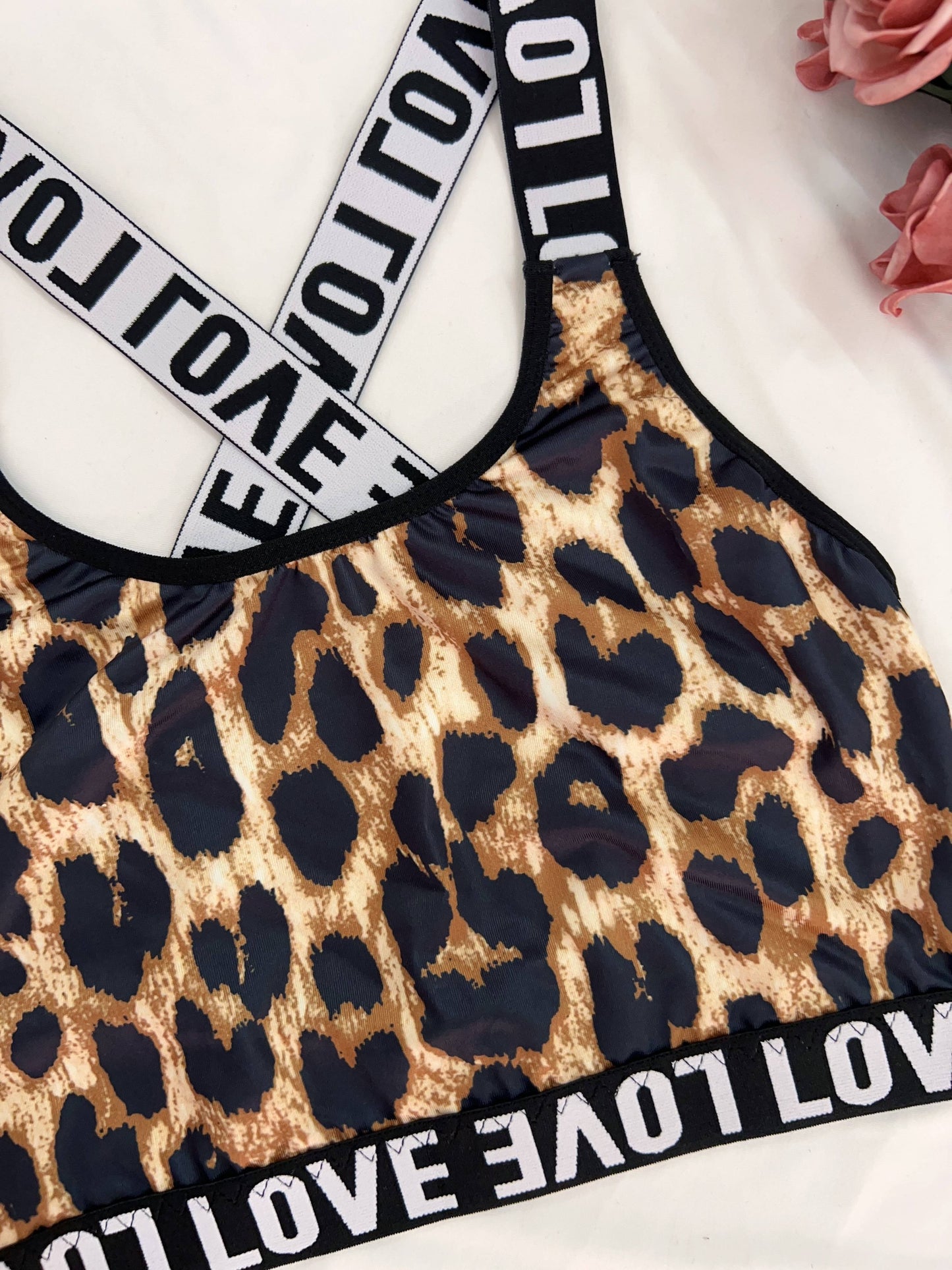 Leopard Print Sports Bra with Criss Cross Back Design