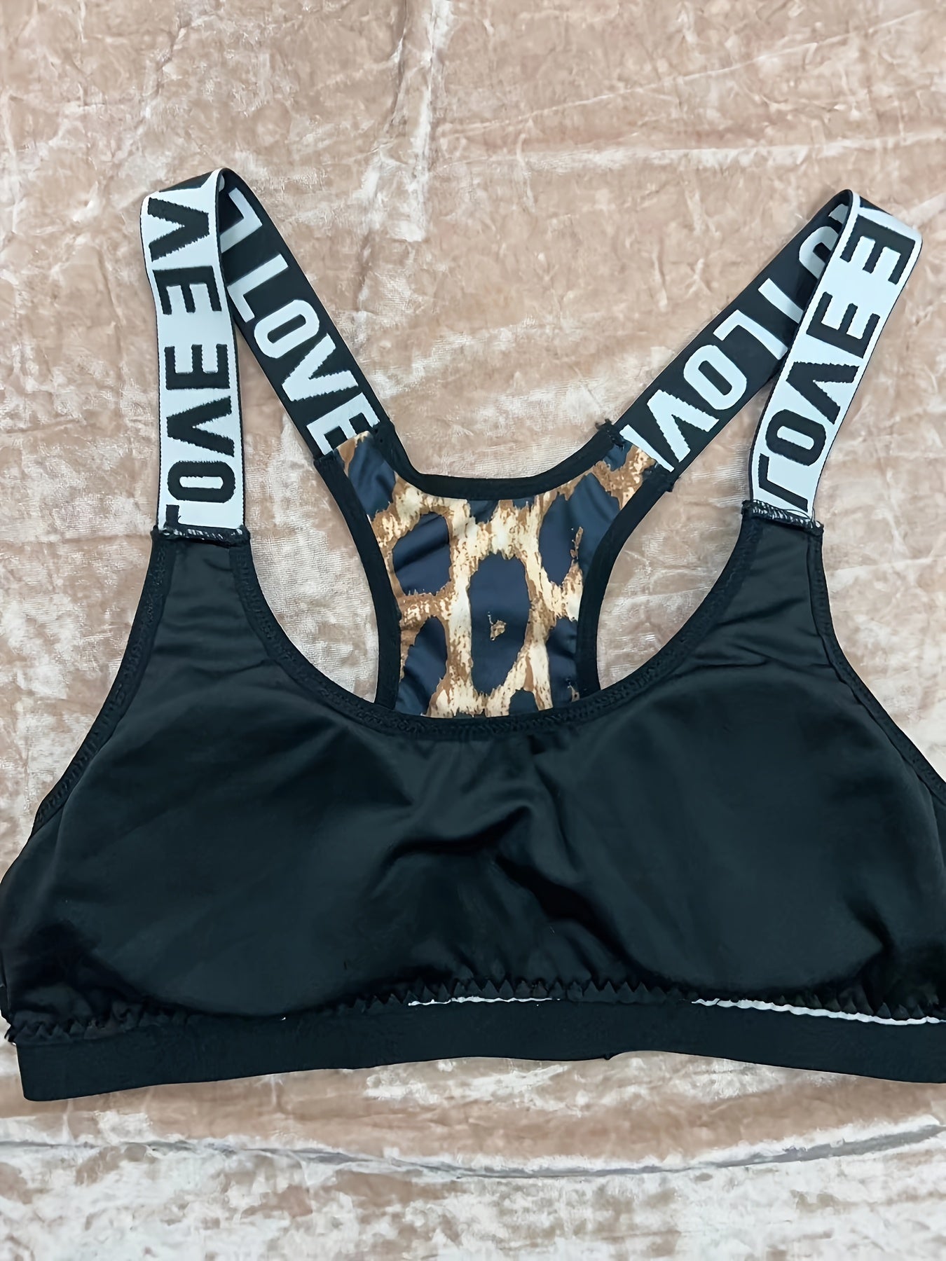 Leopard Print Sports Bra with Letter Tape & Cut-Out Design