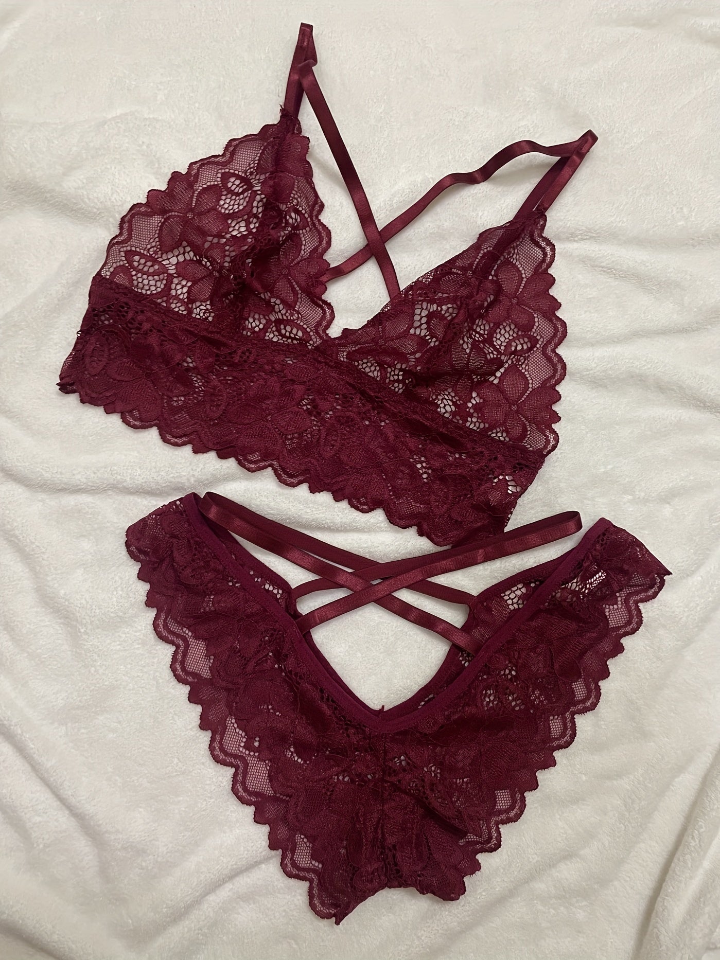 Floral Lace Lingerie Set with Criss Cross Bra & Mesh Panties