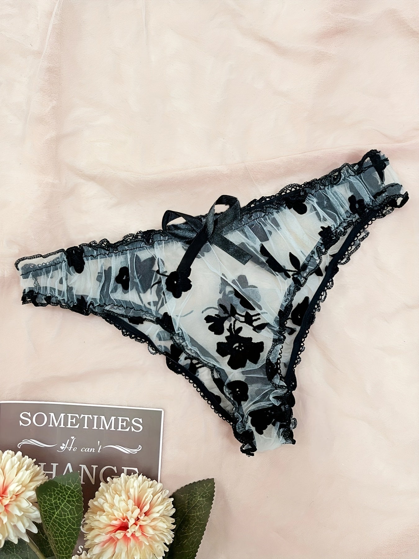 Floral Print Lingerie Set - Sheer Bra & Bow Thong