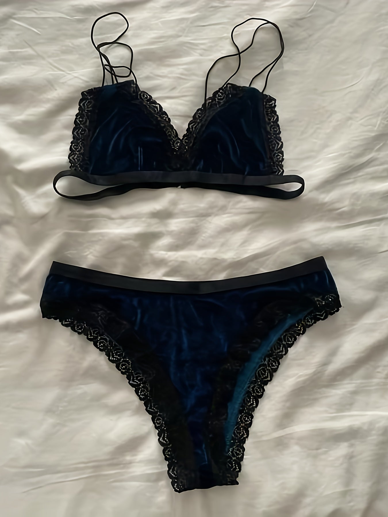 Velvet Lingerie Set with Double Straps Bra & Lace Panties