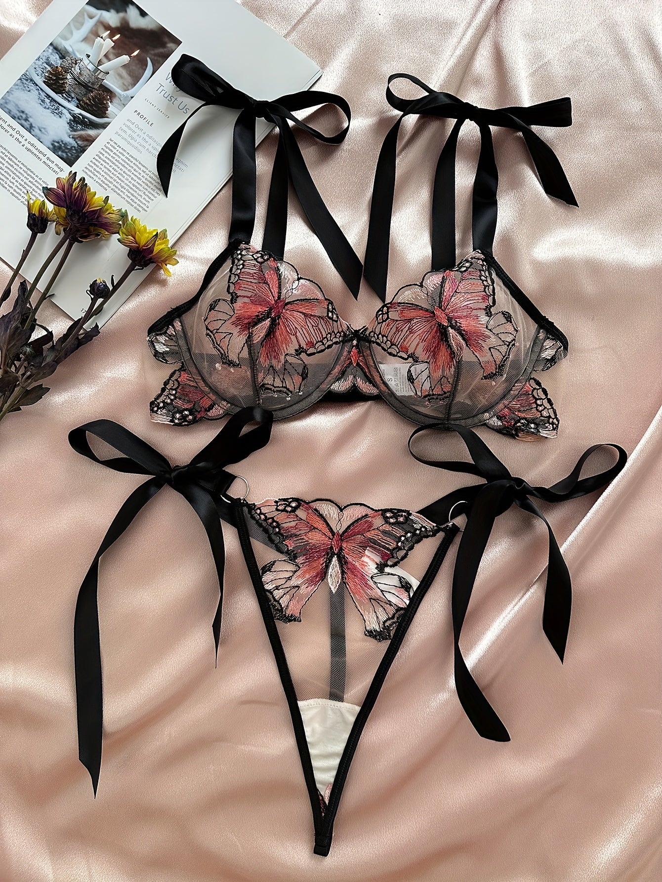 Butterfly Embroidery Lingerie Set - Mesh Bra & Strappy Thong