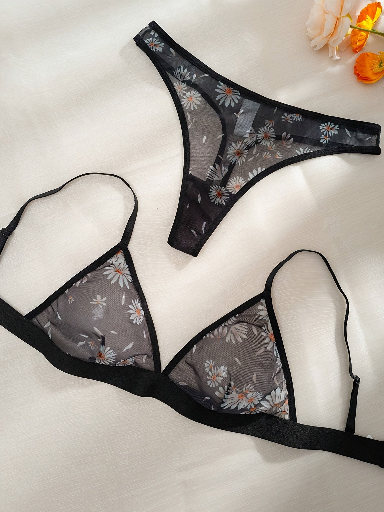 Sexy Floral Print Sheer Lingerie Set - Bra & Panty