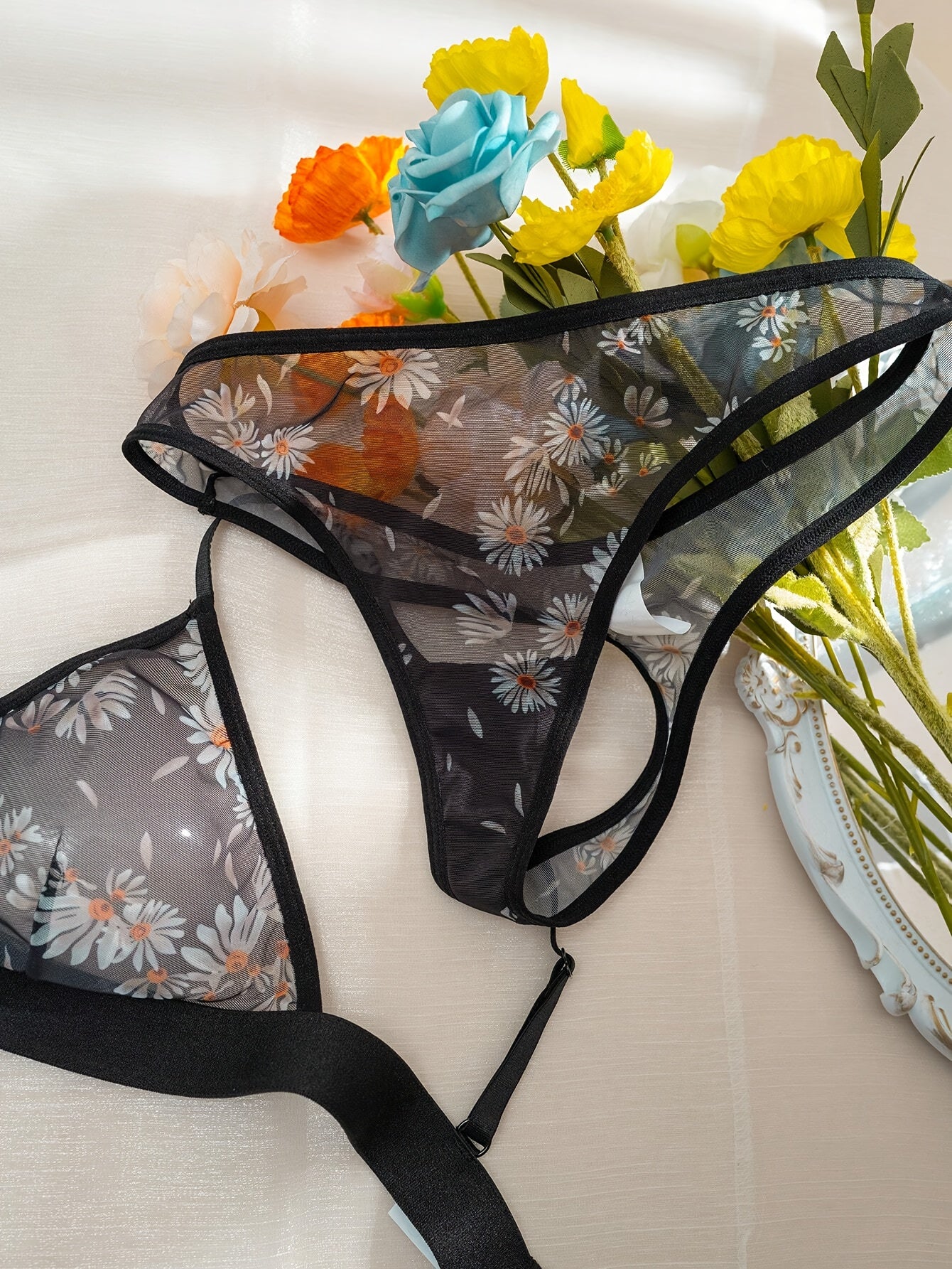 Sexy Floral Print Sheer Lingerie Set - Bra & Panty