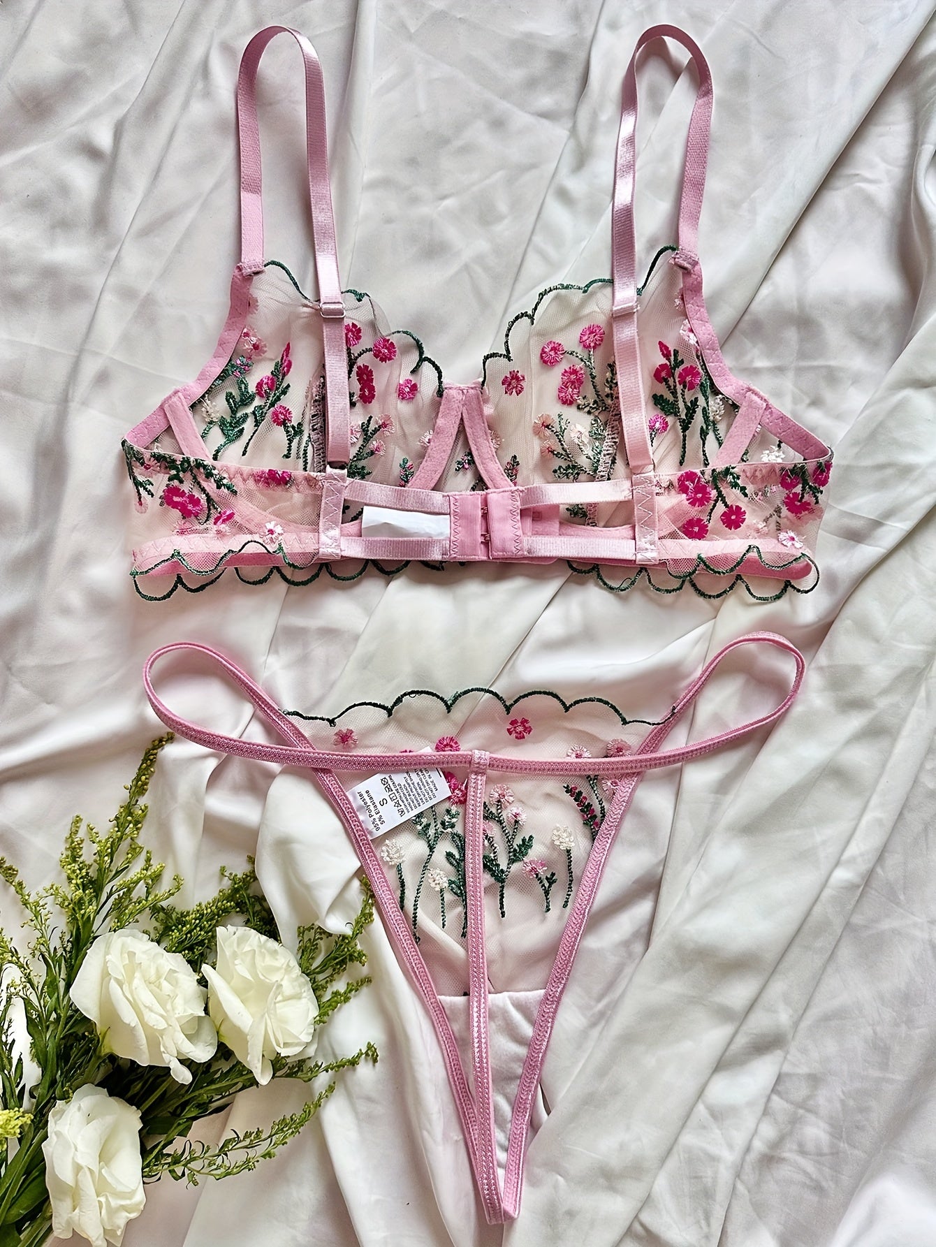 Floral Embroidery Lingerie Set - Unlined Bra & Mesh Thong