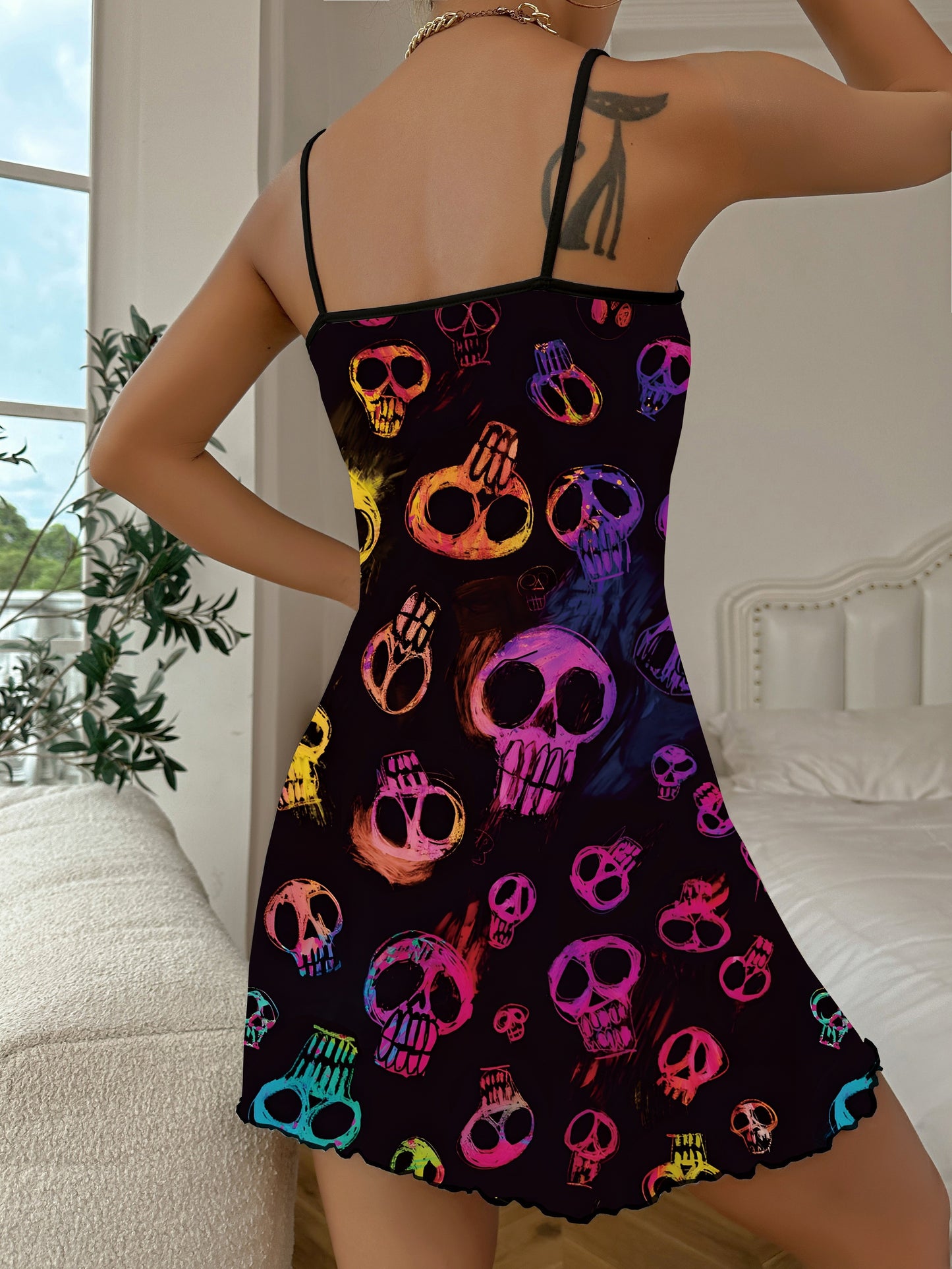 Gothic Skull Print Lounge Dress for Halloween, Backless