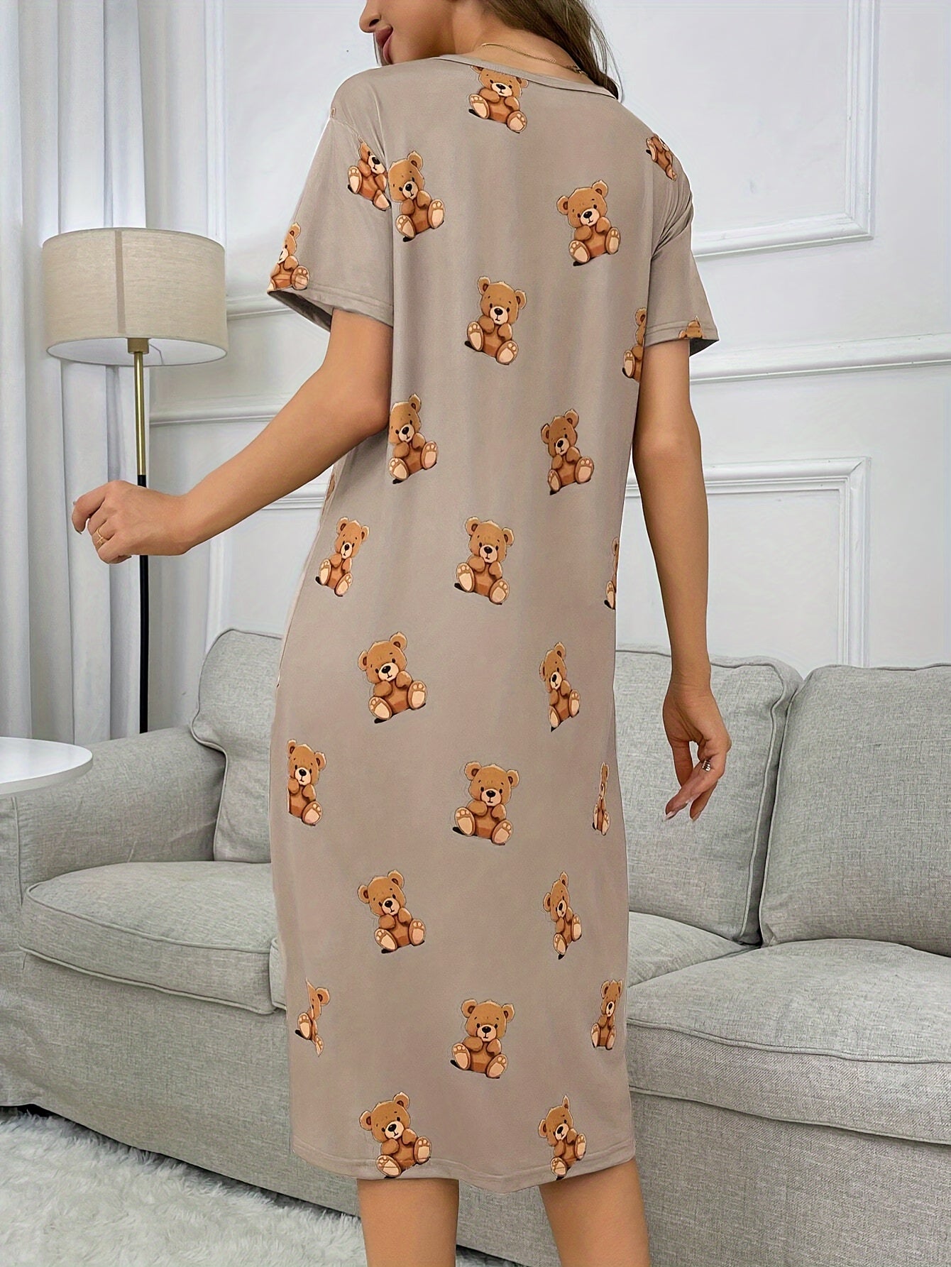 Loose Fit Bear Print Lounge Dress, Comfortable & Short Sleeve