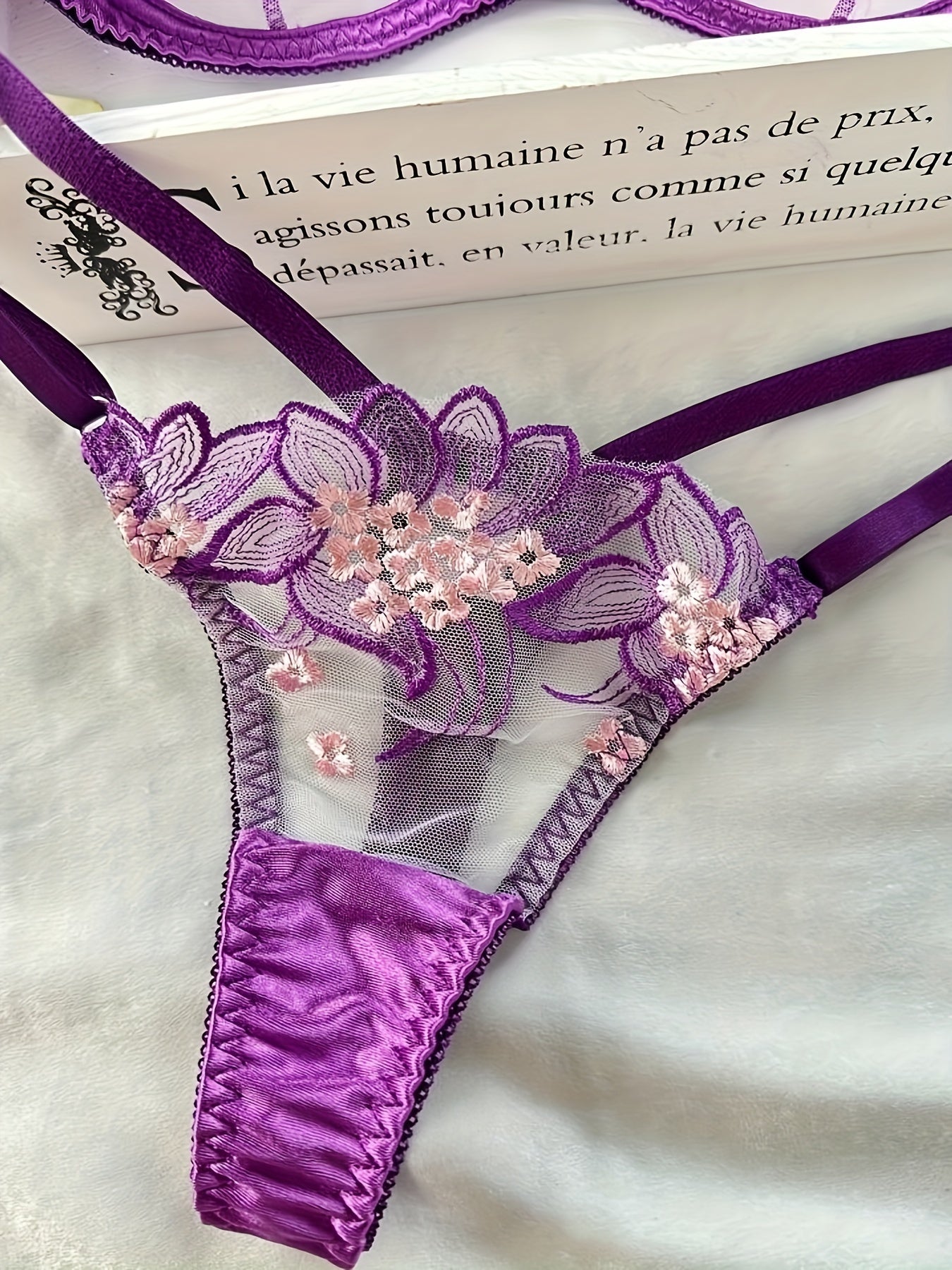 Floral Embroidered Sheer Lingerie Set - Bra & G-strings