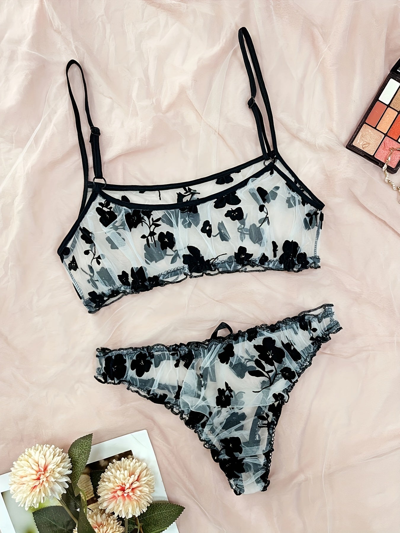 Floral Print Lingerie Set - Sheer Bra & Bow Thong