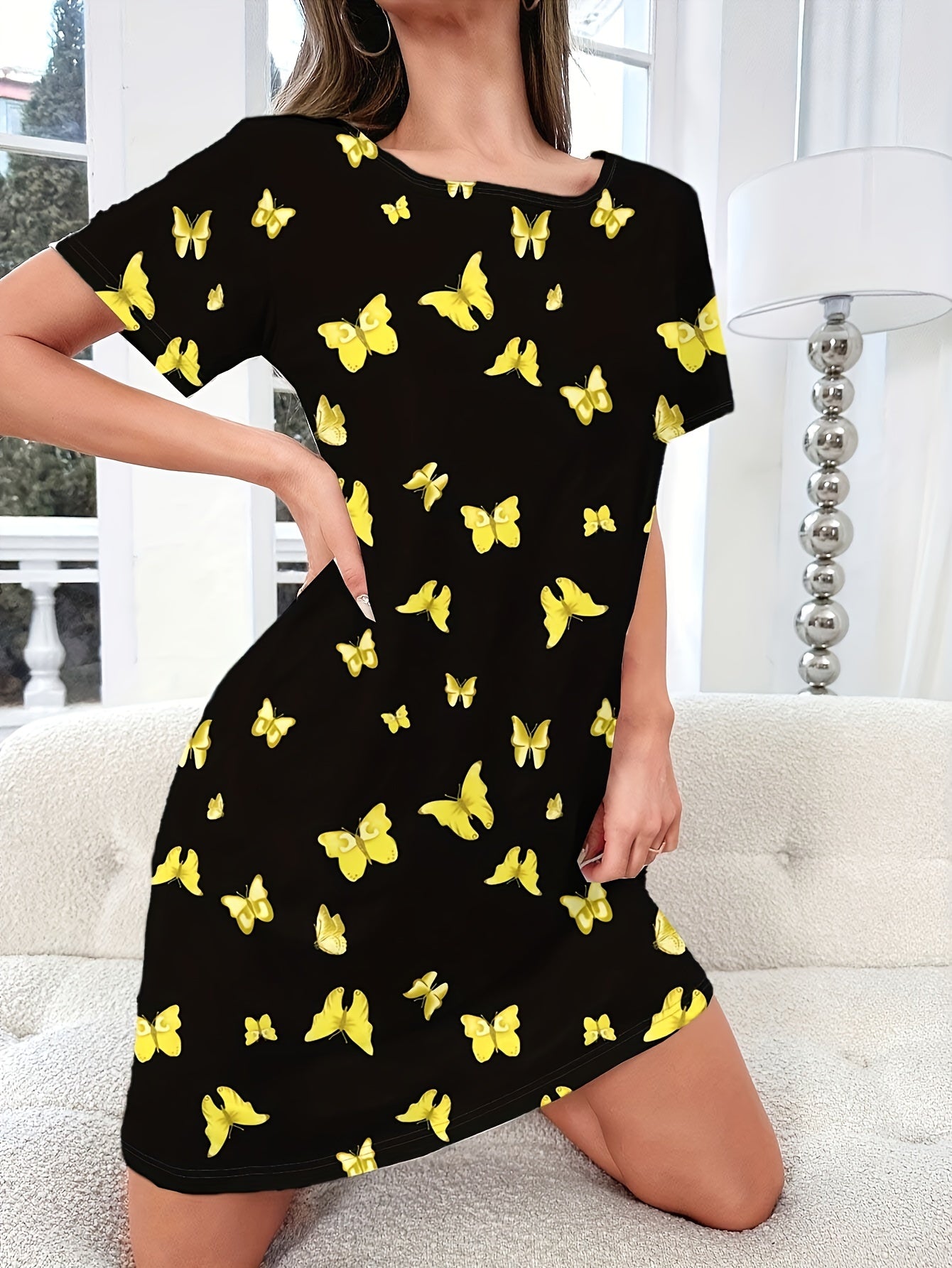 Butterfly Print Lounge Dress, Comfortable & Short Sleeve